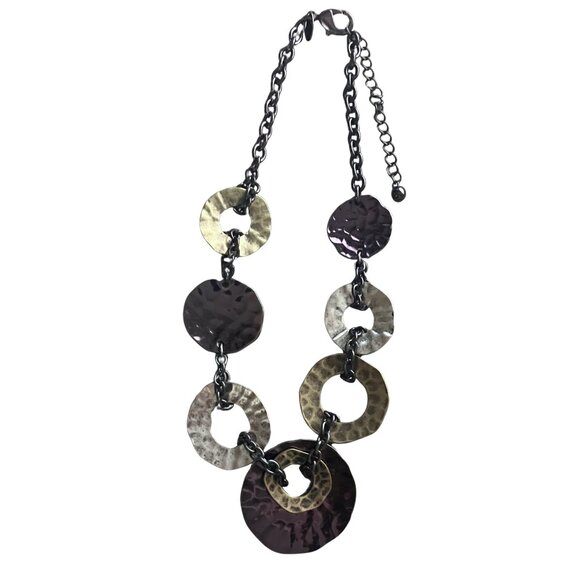 Mixed Metal Boho Statement Necklace Signed Laura Ashley Purple Hammered 15-18” - Picture 3 of 11